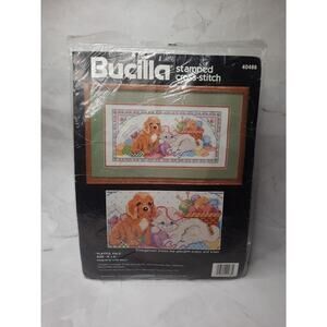 Vintage Bucilla Stamped Cross Stitch Kit Playful Pals 40488 16x8 Puppy Kitten